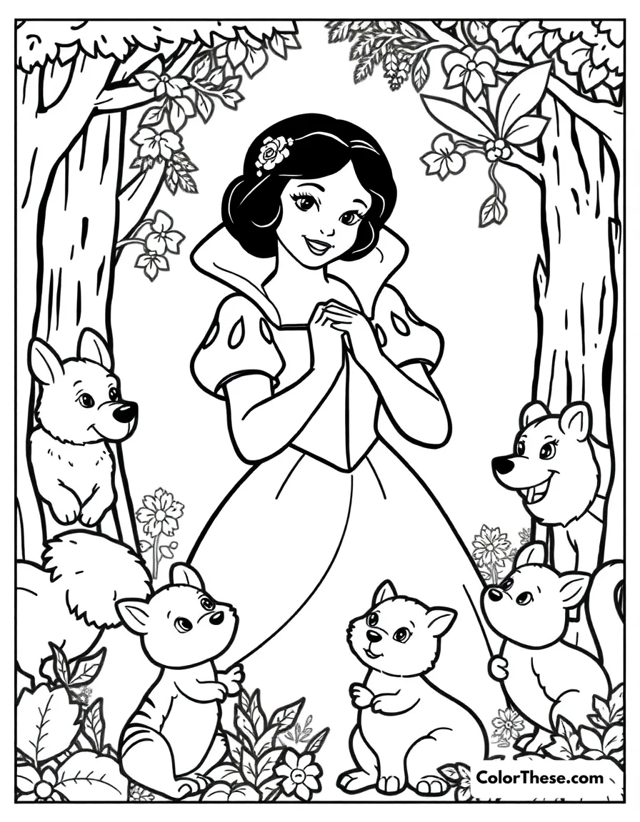 Free printable snow white's forest friends coloring page for kids and adults. Snow White surrounded by her helpful forest animal friends.