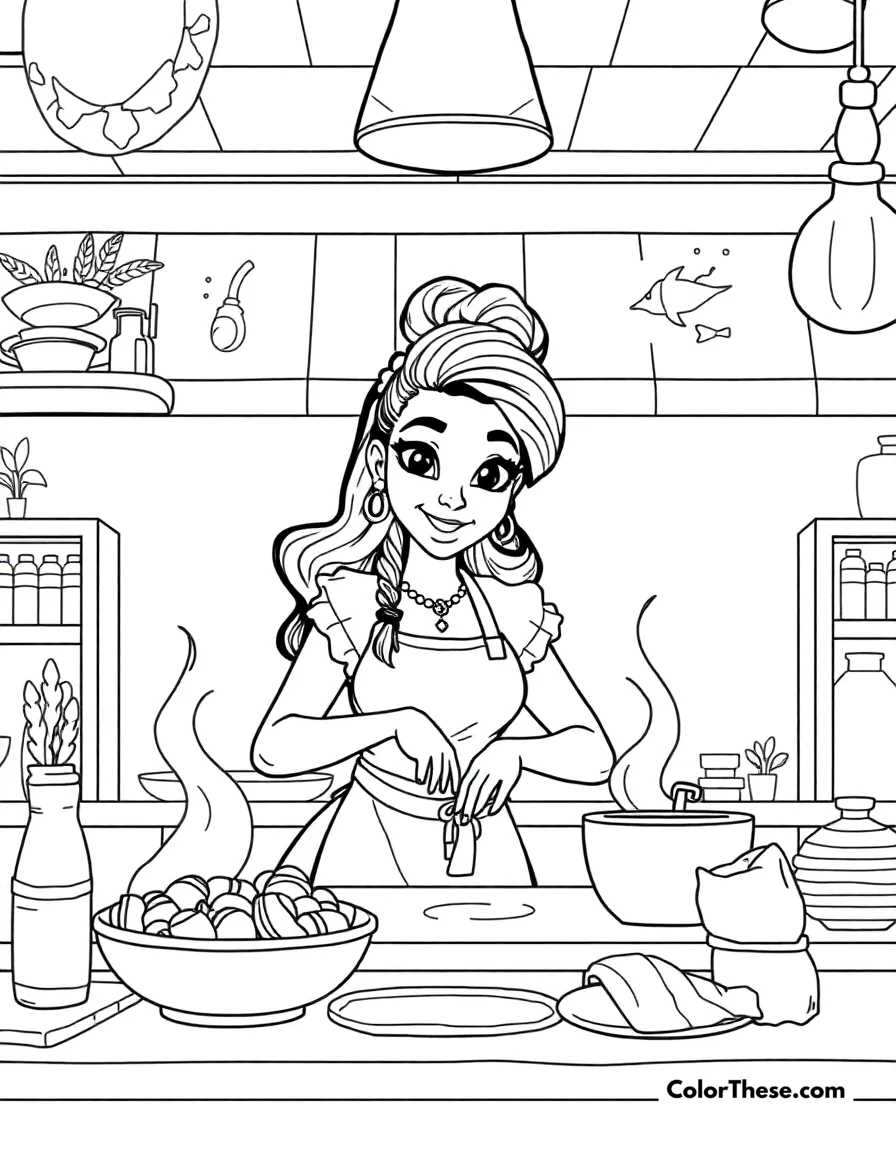 Free printable tiana's restaurant coloring page for kids and adults. Tiana cooking up something special in her dream restaurant.