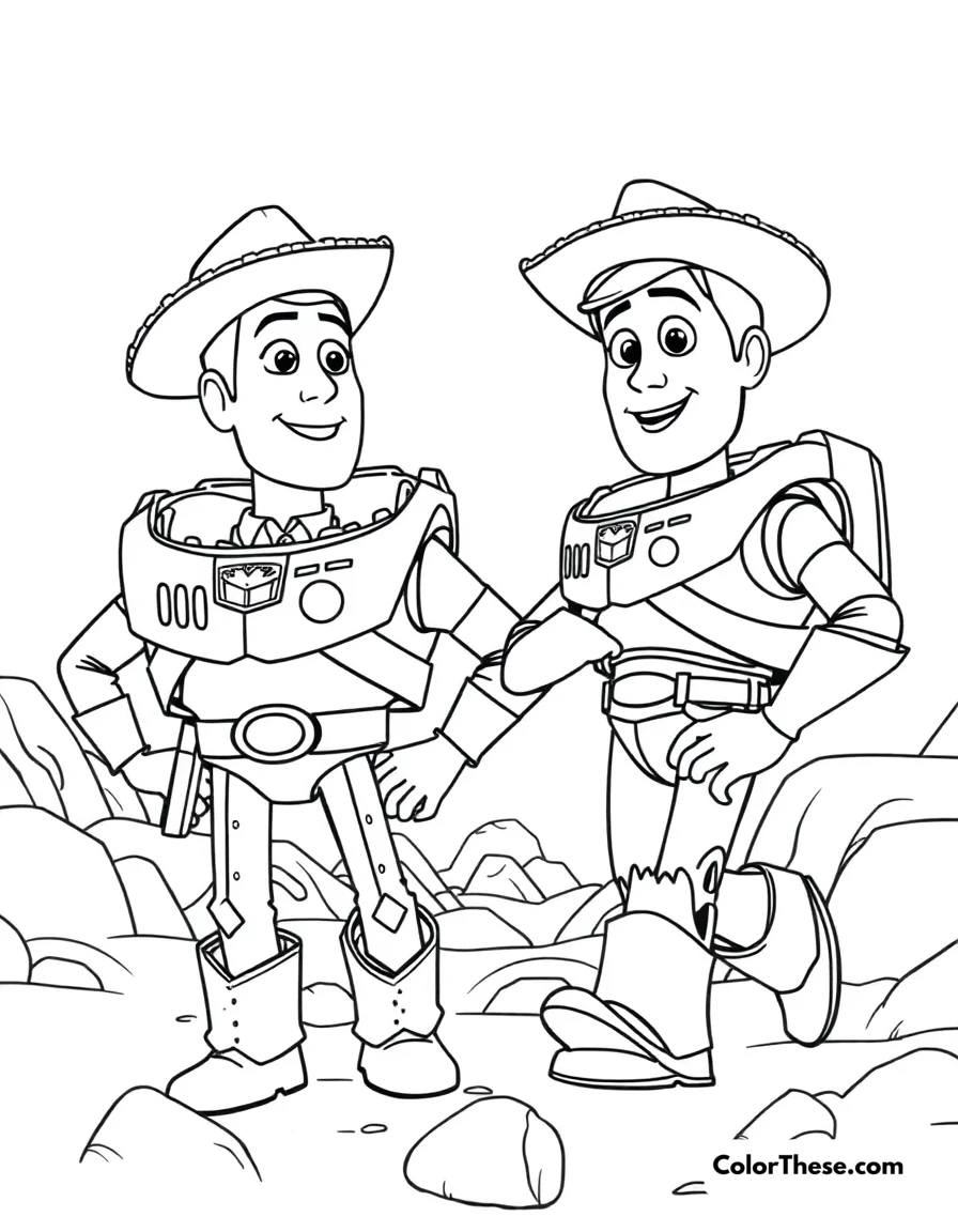 Free printable woody and buzz's adventure coloring page for kids and adults. Woody and Buzz Lightyear on another toy adventure.
