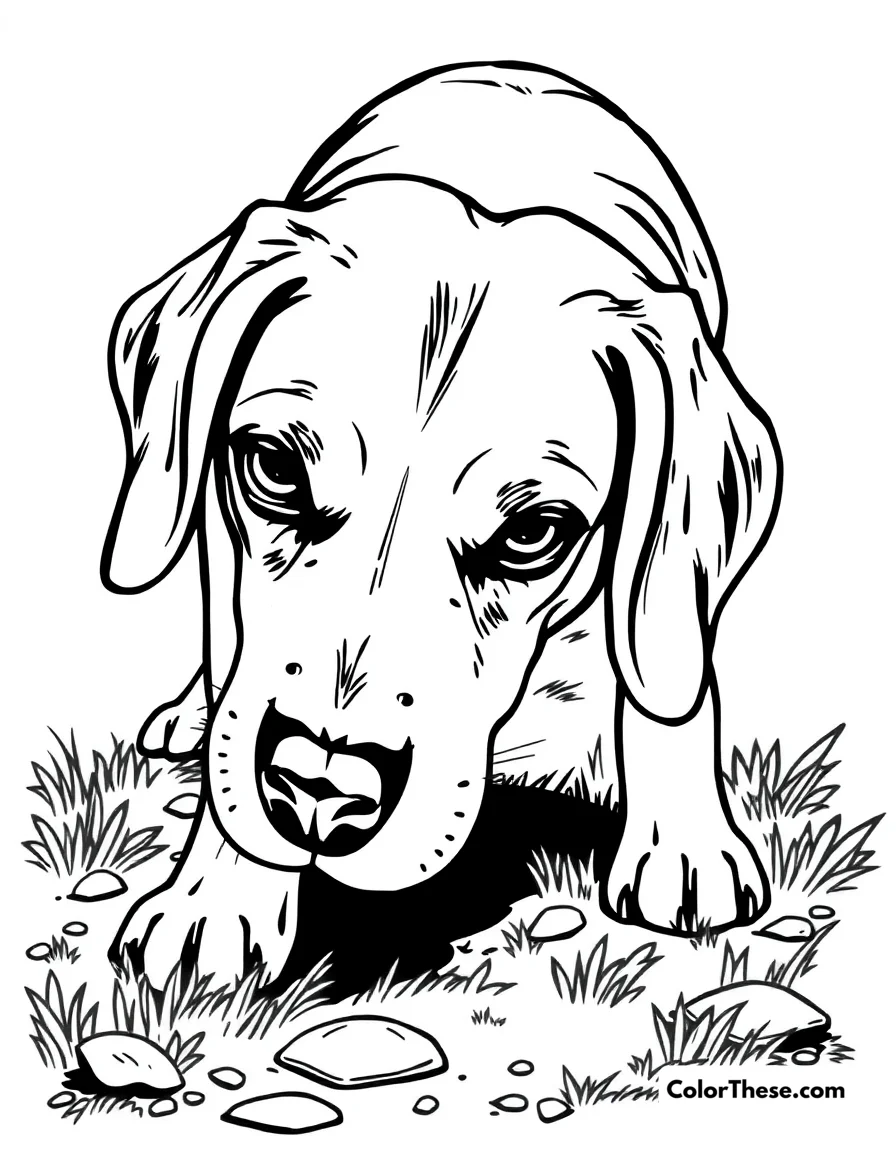 Free printable beagle coloring page for kids and adults. A Beagle sniffing the ground with its floppy ears.