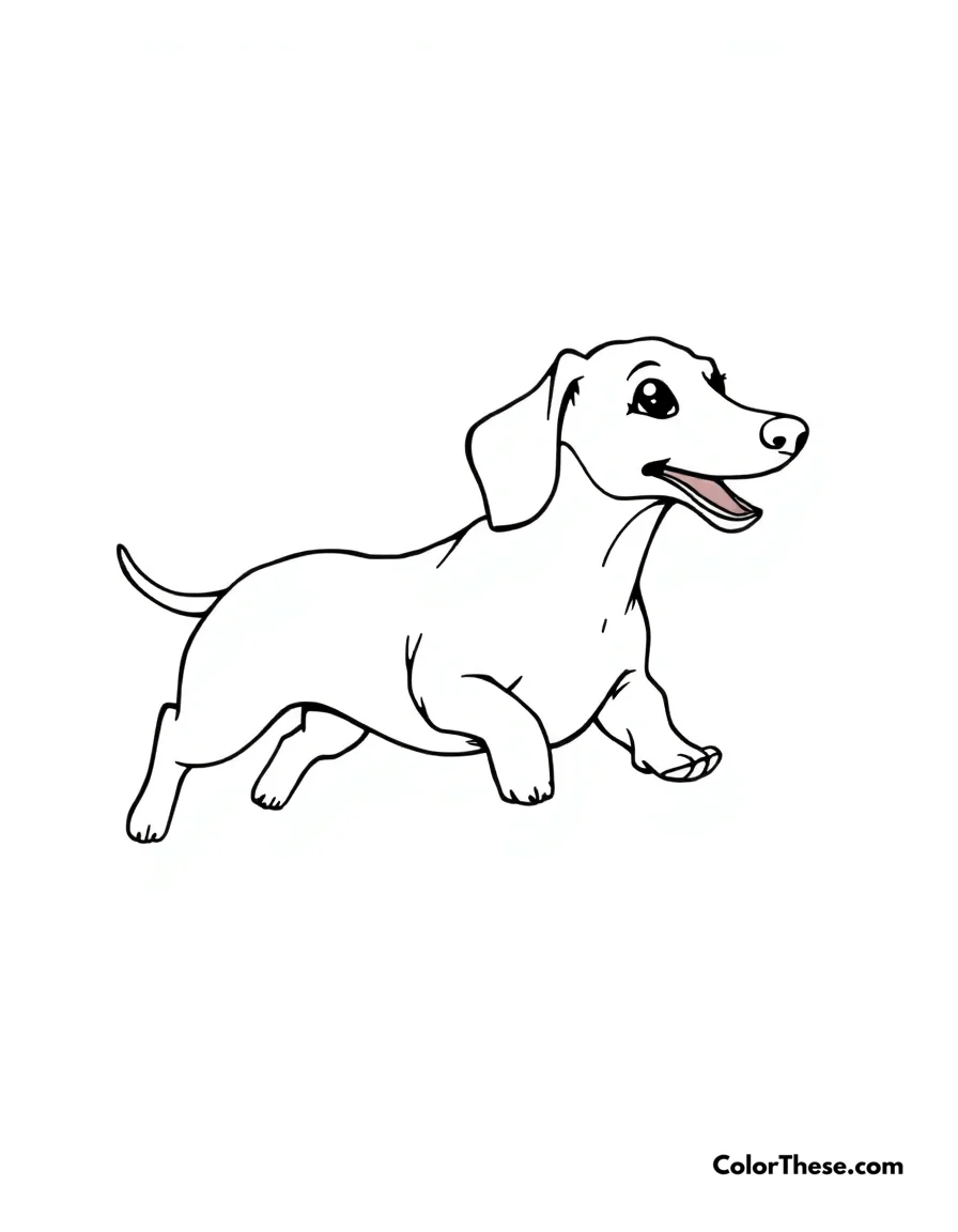 Free printable dashing dachshund coloring page for kids and adults. A Dachshund running with its long body and short legs.