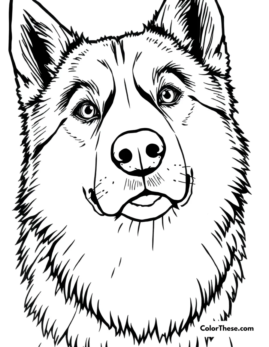 Free printable husky coloring page for kids and adults. A Husky with striking eyes and a thick coat.