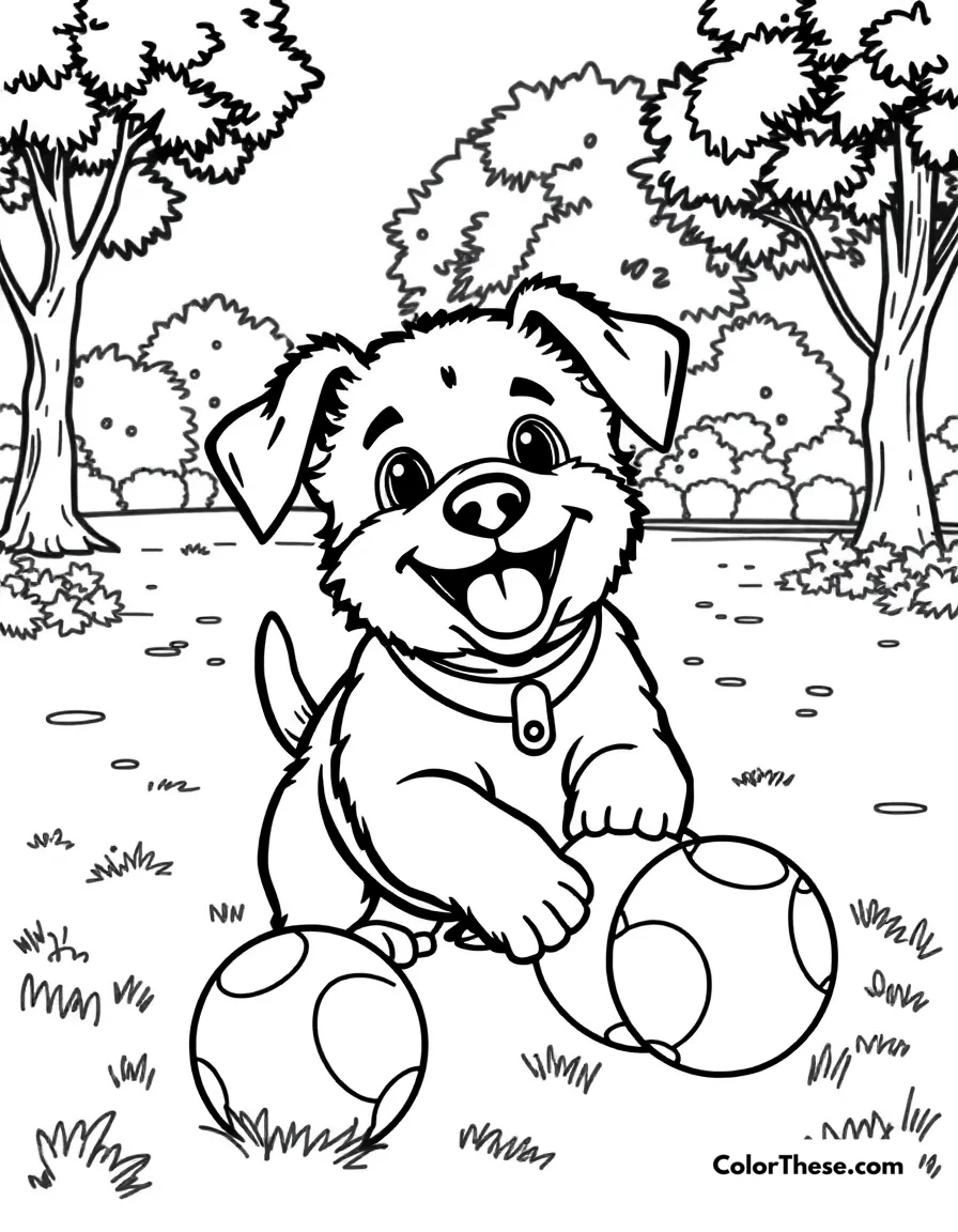 Free printable playful puppy coloring page for kids and adults. A happy puppy playing with a ball in the park.