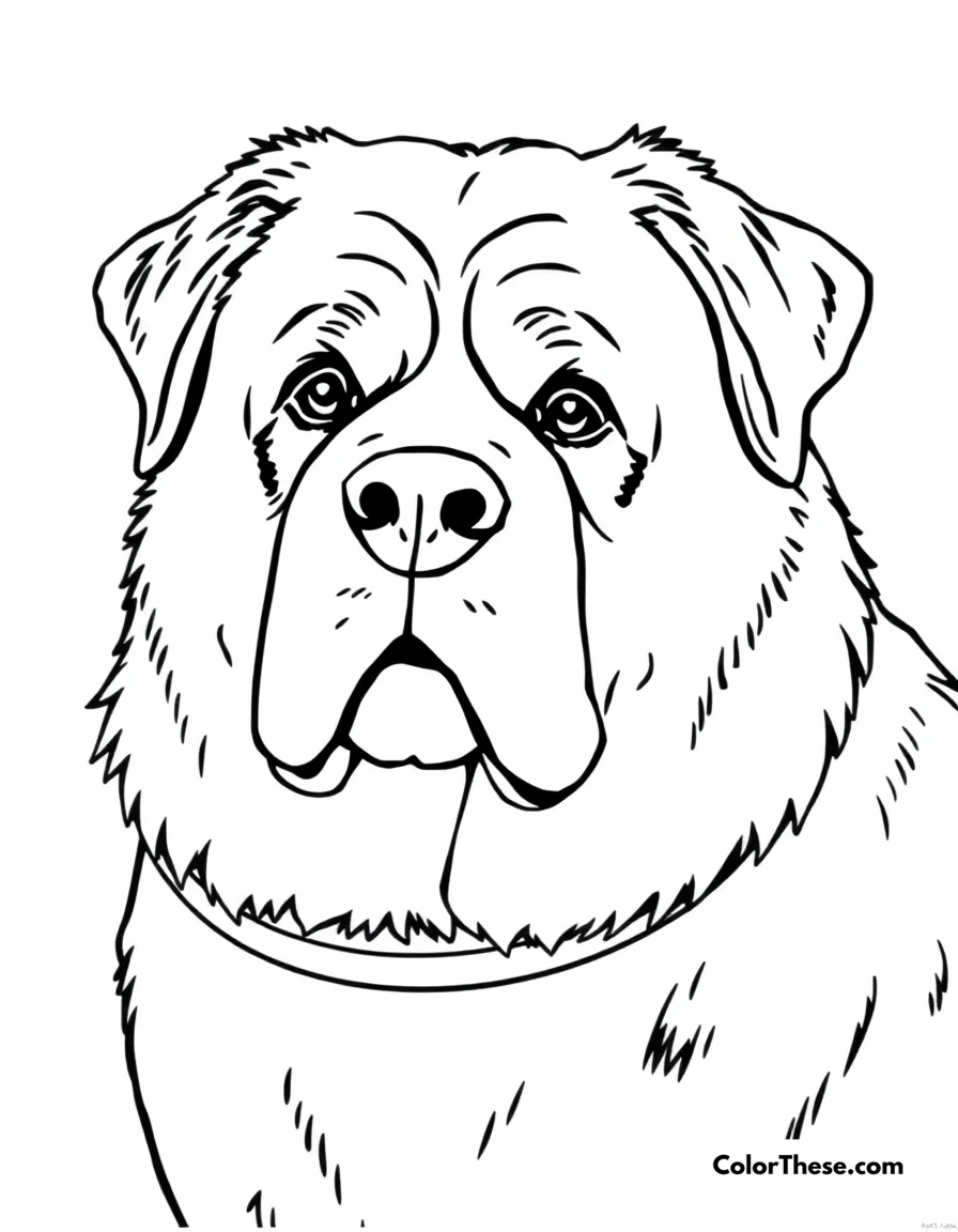 Free printable saint bernard coloring page for kids and adults. A Saint Bernard with a gentle expression and a barrel around its neck.