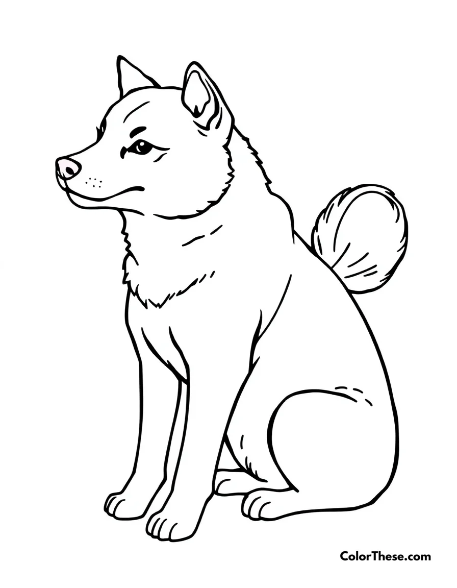 Free printable shiba inu coloring page for kids and adults. A Shiba Inu sitting proudly with its curled tail.