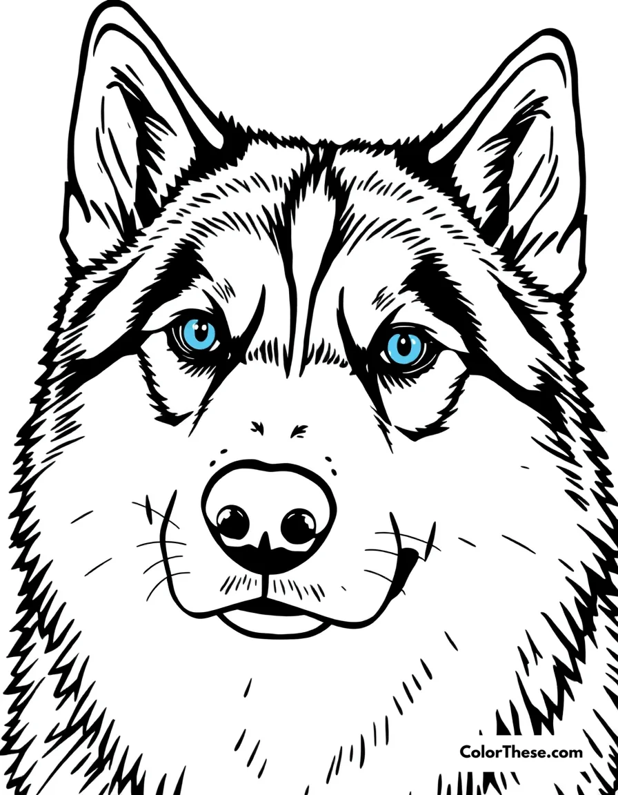 Free printable siberian husky coloring page for kids and adults. A Siberian Husky with piercing blue eyes and a thick coat.