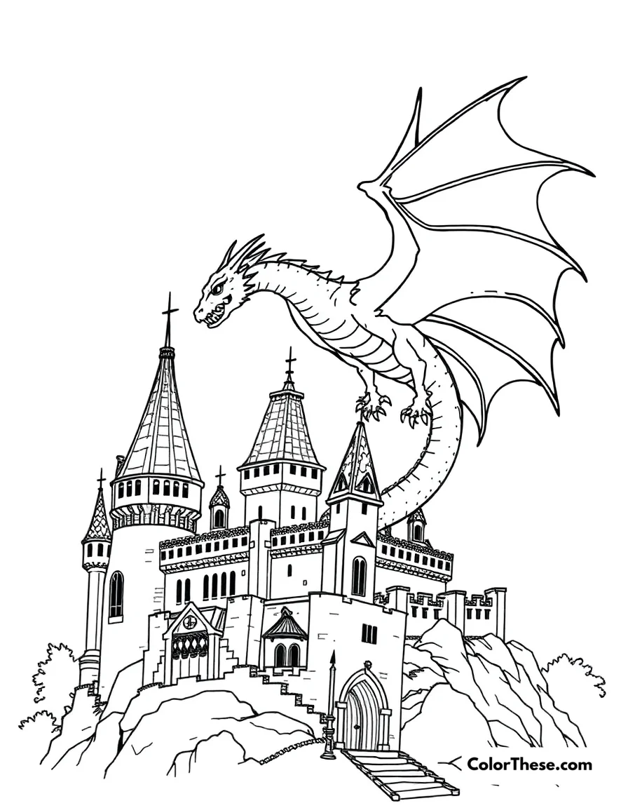 Free printable dragon and castle coloring page for kids and adults. A dragon flying over a medieval castle.
