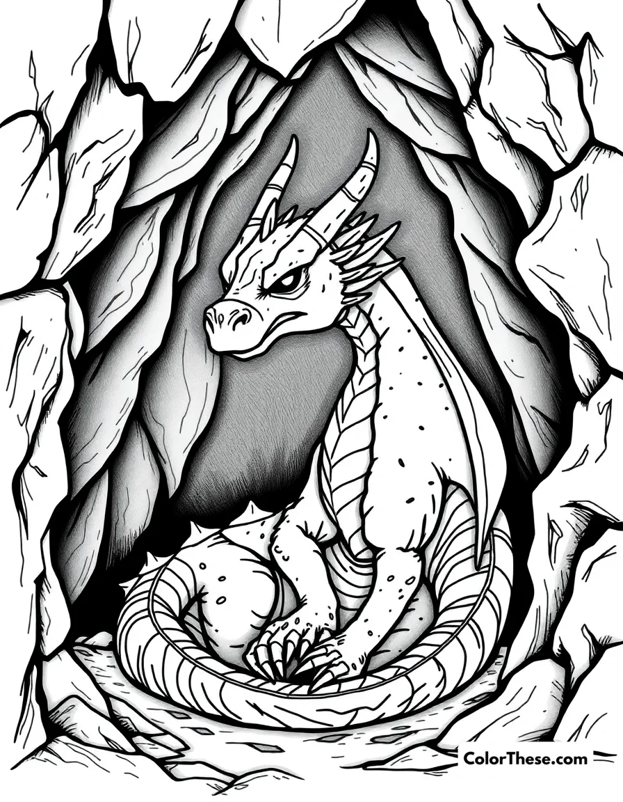 Free printable dragon in a cave coloring page for kids and adults. A dragon resting in its dark, mysterious cave.