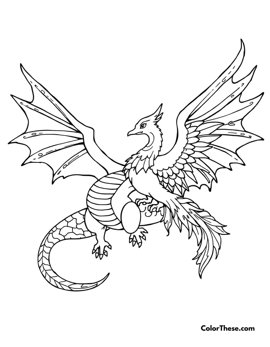 Free printable dragon and phoenix coloring page. A dragon and phoenix flying together in harmony.