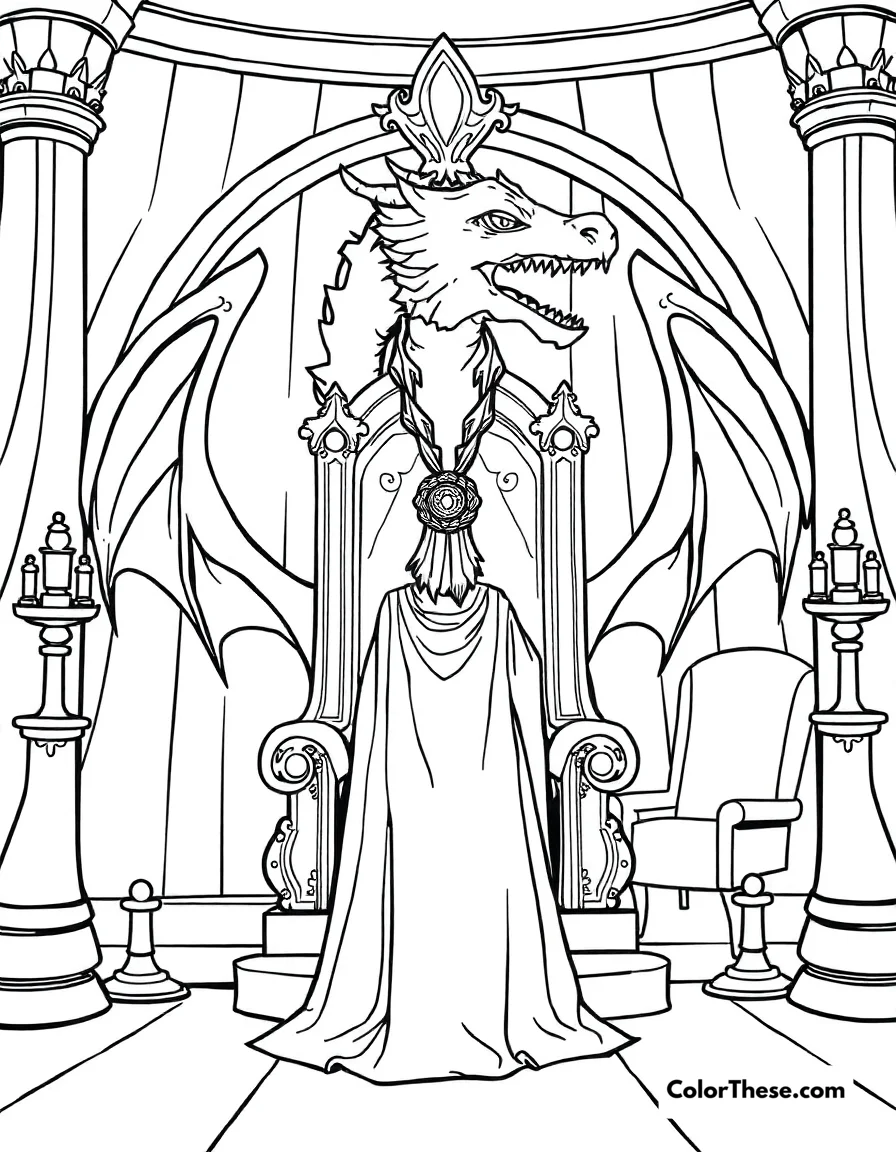 Free printable dragon and queen coloring page. A queen standing before a dragon in her throne room.
