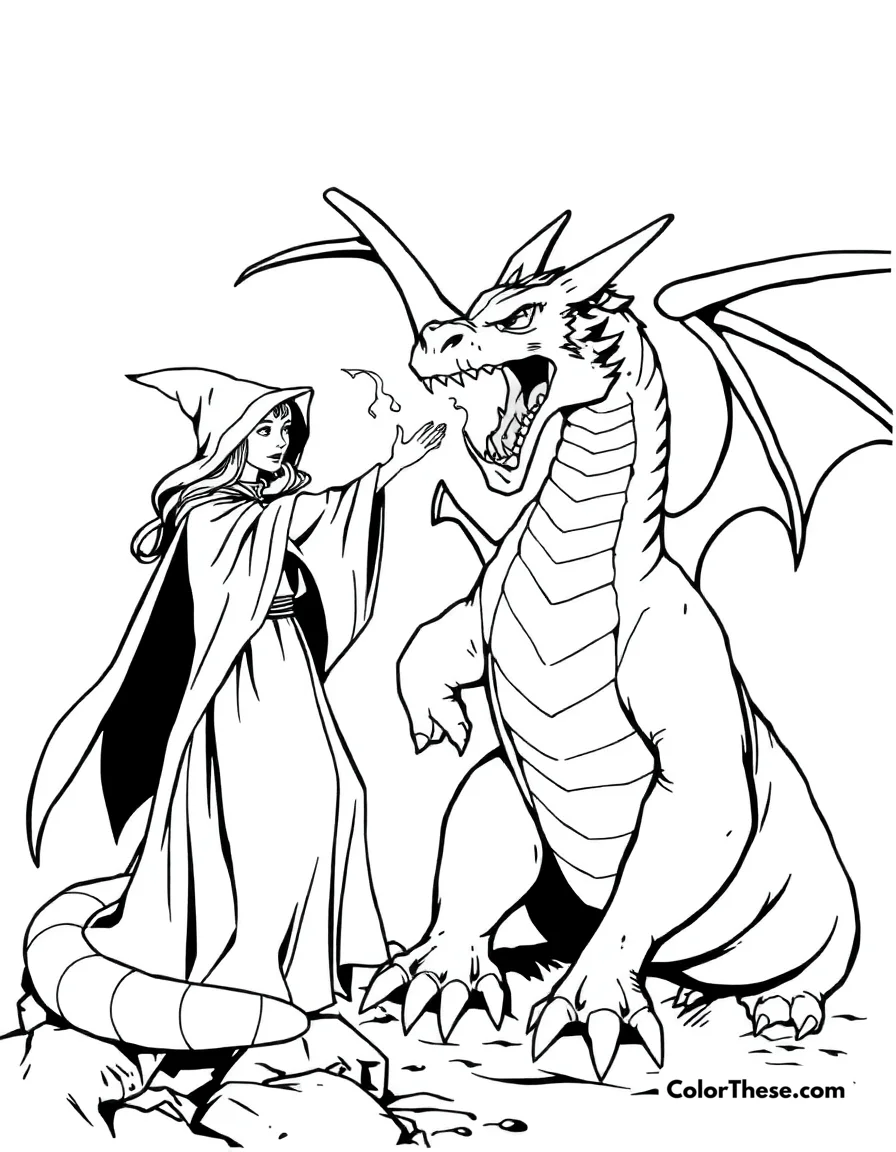 Free printable dragon and sorceress coloring page for kids and adults. A sorceress casting a spell on a dragon.