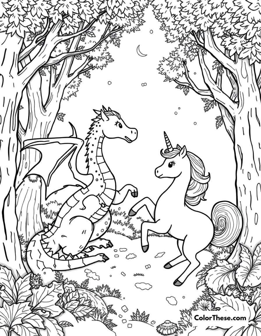 Free printable dragon and unicorn coloring page for kids and adults. A dragon and unicorn playing in a magical forest.