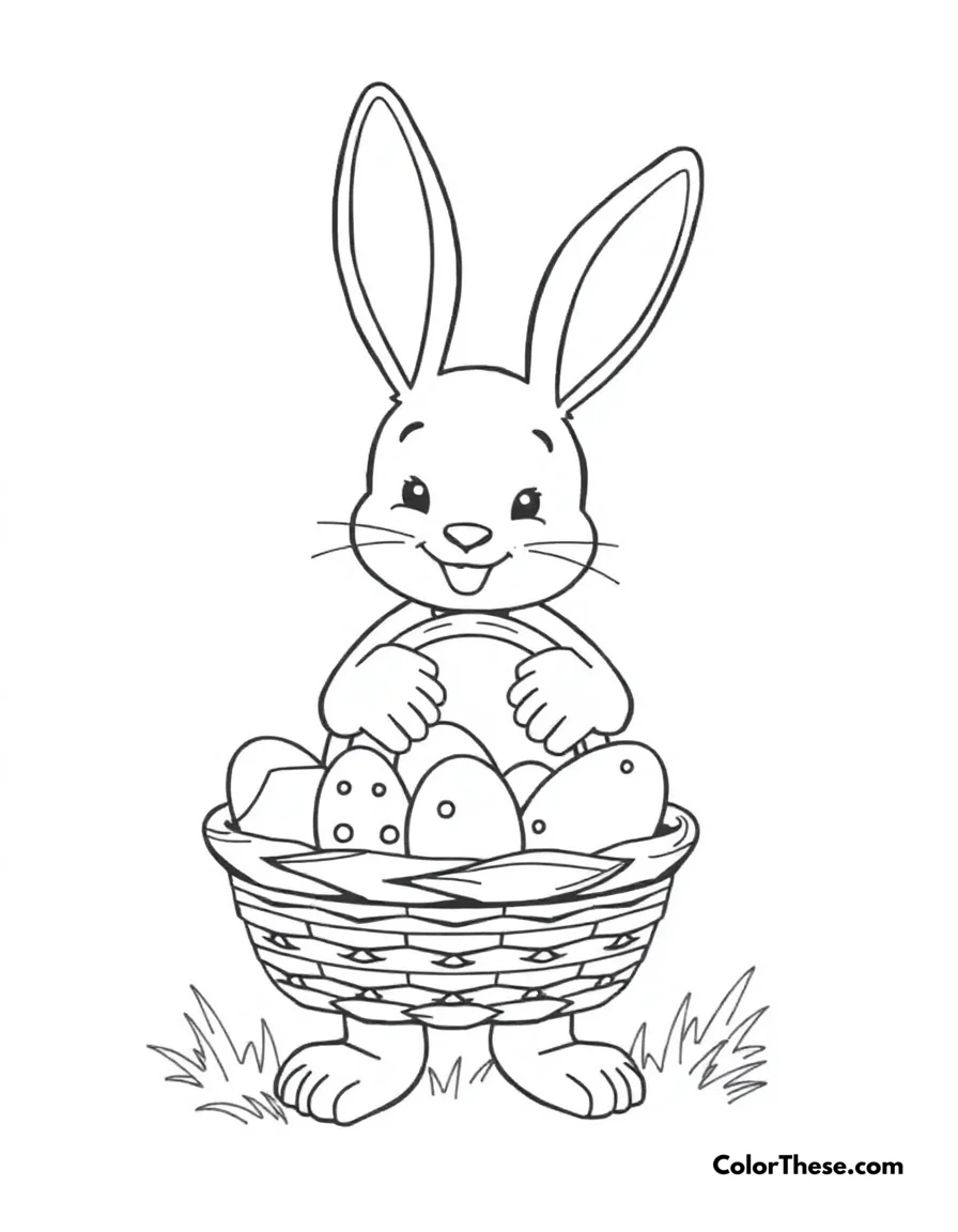 Free printable easter bunny coloring page for kids and adults. The Easter Bunny delivering colorful eggs in a basket.