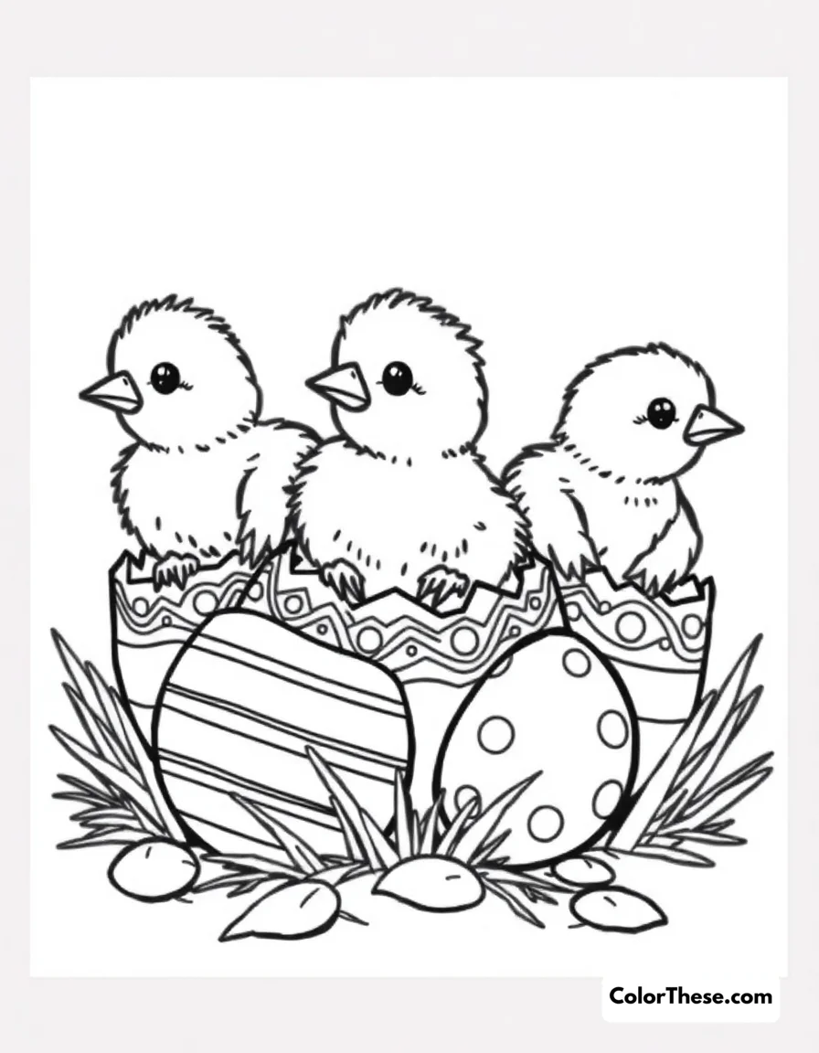 Free printable easter chicks coloring page for kids and adults. A group of cute chicks hatching from Easter eggs.
