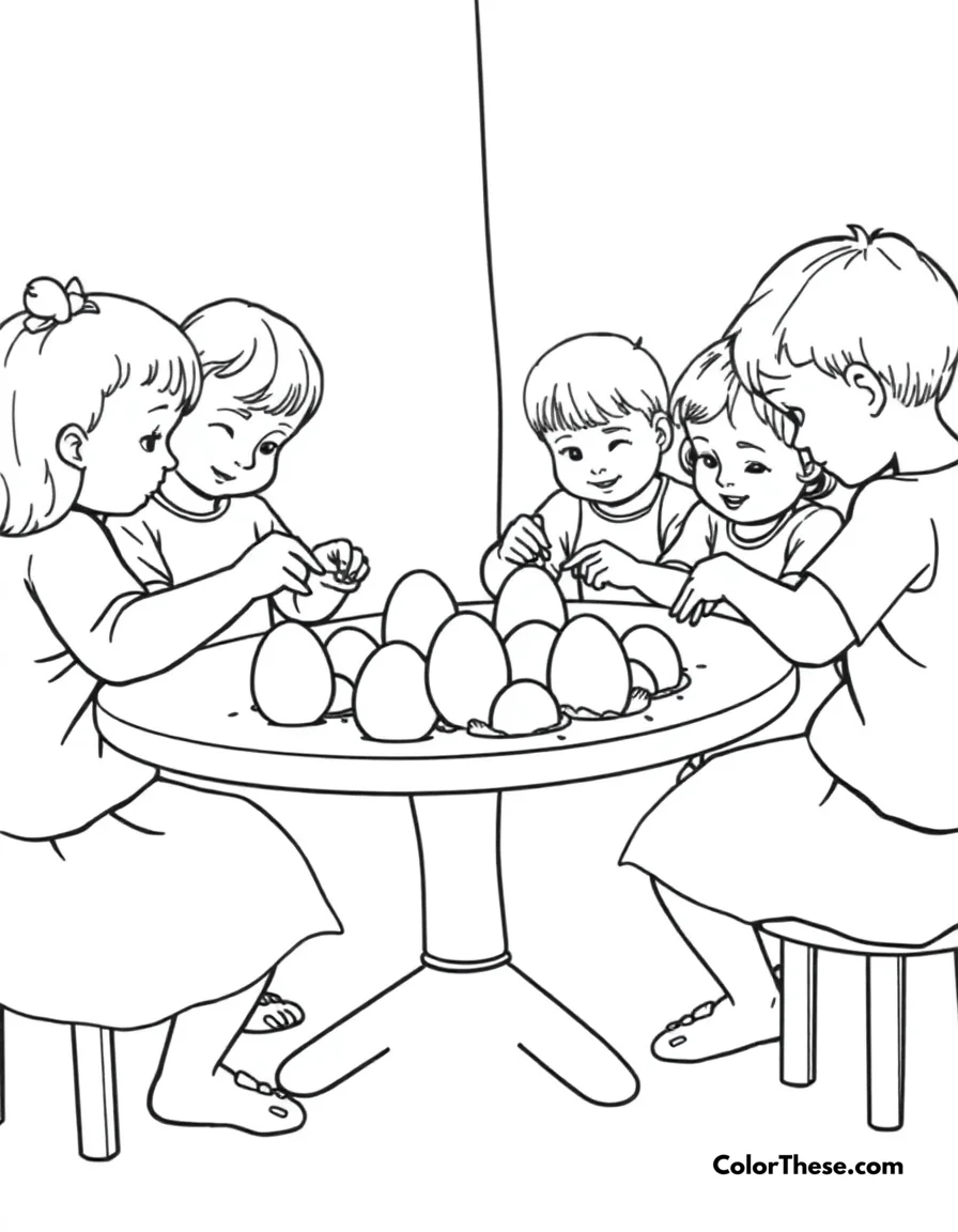 Free printable easter egg decorating coloring page for kids and adults. Children decorating Easter eggs at a table.