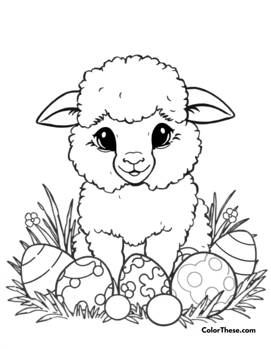 Free printable easter lamb coloring page for kids and adults. A fluffy lamb surrounded by Easter eggs.