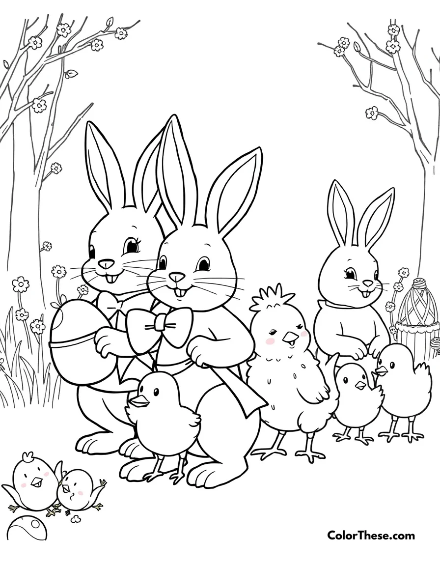 Free printable easter parade coloring page for kids and adults. A festive parade with Easter bunnies and chicks.