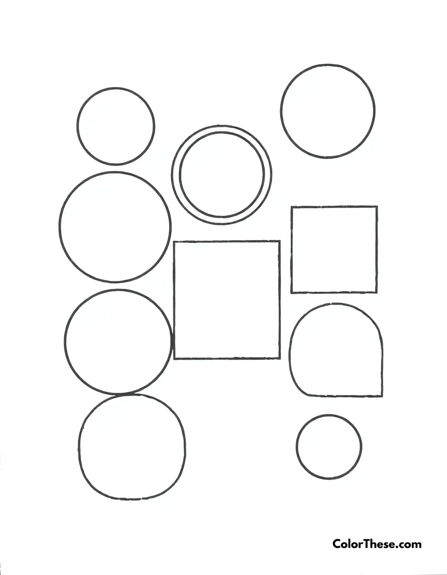 Free printable basic shapes coloring page for kids and adults. A collection of simple shapes like circles, squares, and triangles.