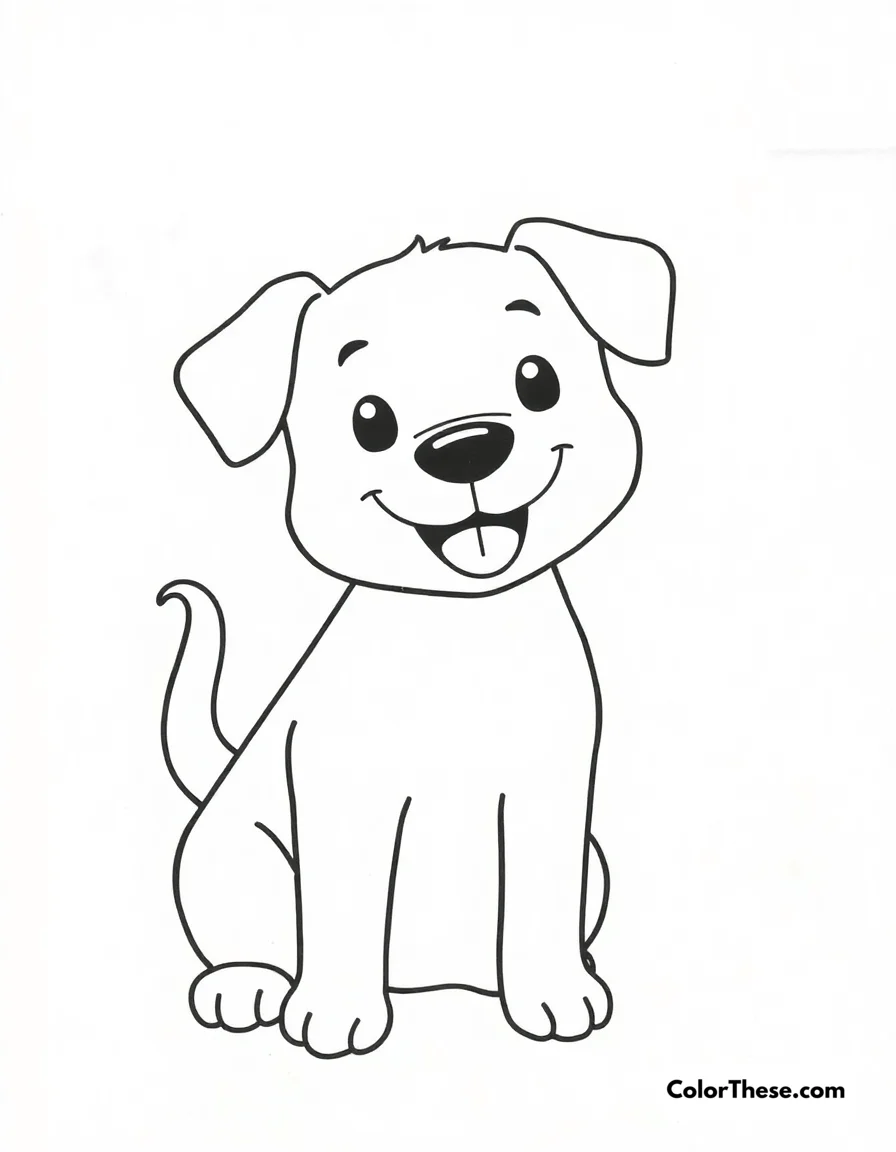 Free printable friendly dog coloring page for kids and adults. A simple dog design with a wagging tail and a big smile.