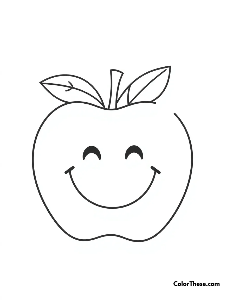 Free printable happy apple coloring page for kids and adults. A simple apple design with a big smile and a leaf.