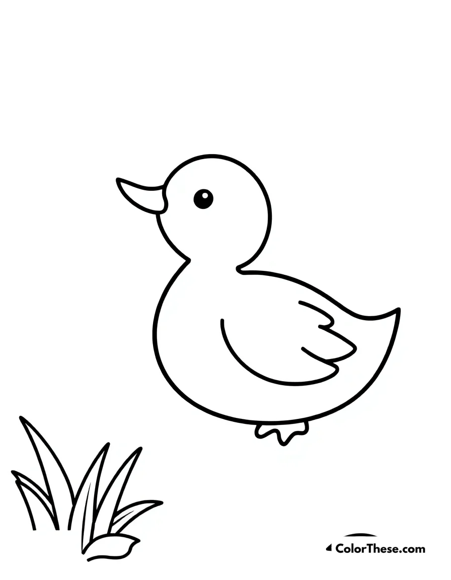 Free printable little duck coloring page for kids and adults. A simple duck design with a beak and a pond.
