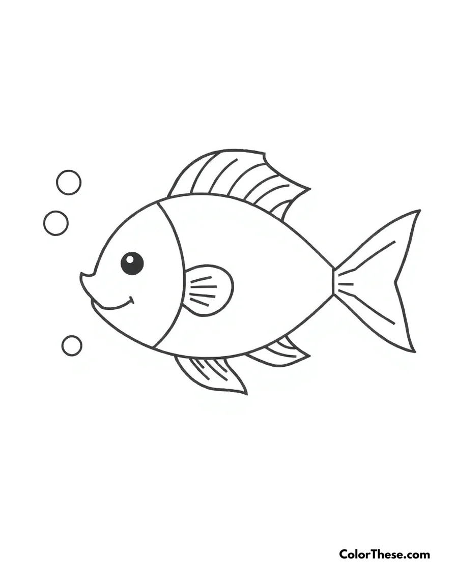 Free printable little fish coloring page for kids and adults. A simple fish design with fins and bubbles.