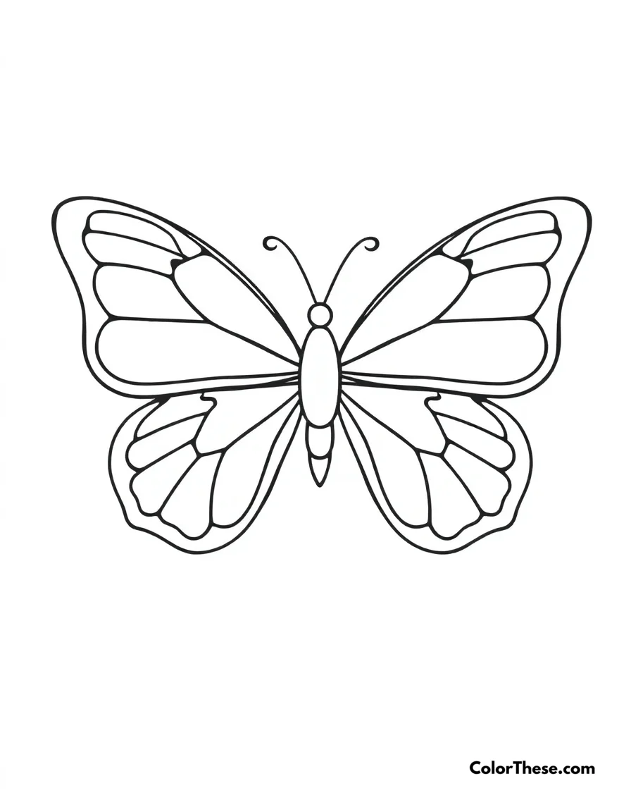 Free printable simple butterfly coloring page. A basic butterfly design with large, easy-to-color sections.