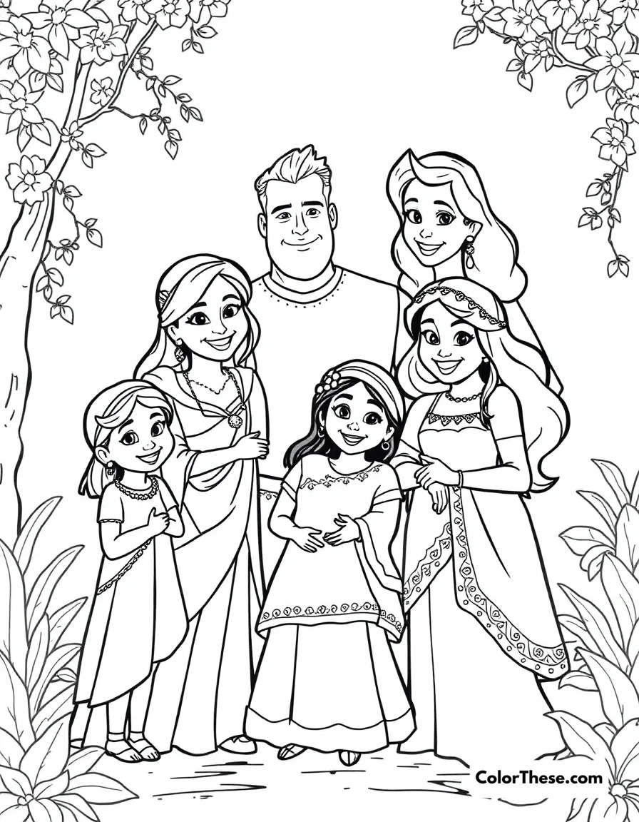 Free printable the madrigal family portrait coloring page for kids and adults. The entire Madrigal family posing for a portrait in Encanto (Disney).