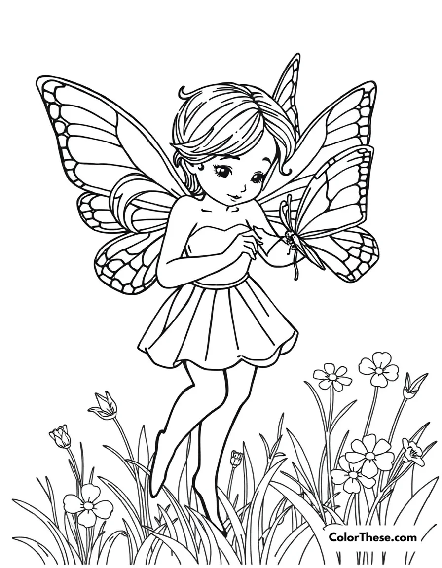 Free printable fairy and the butterfly coloring page for kids and adults. A fairy playing with a butterfly in a meadow.