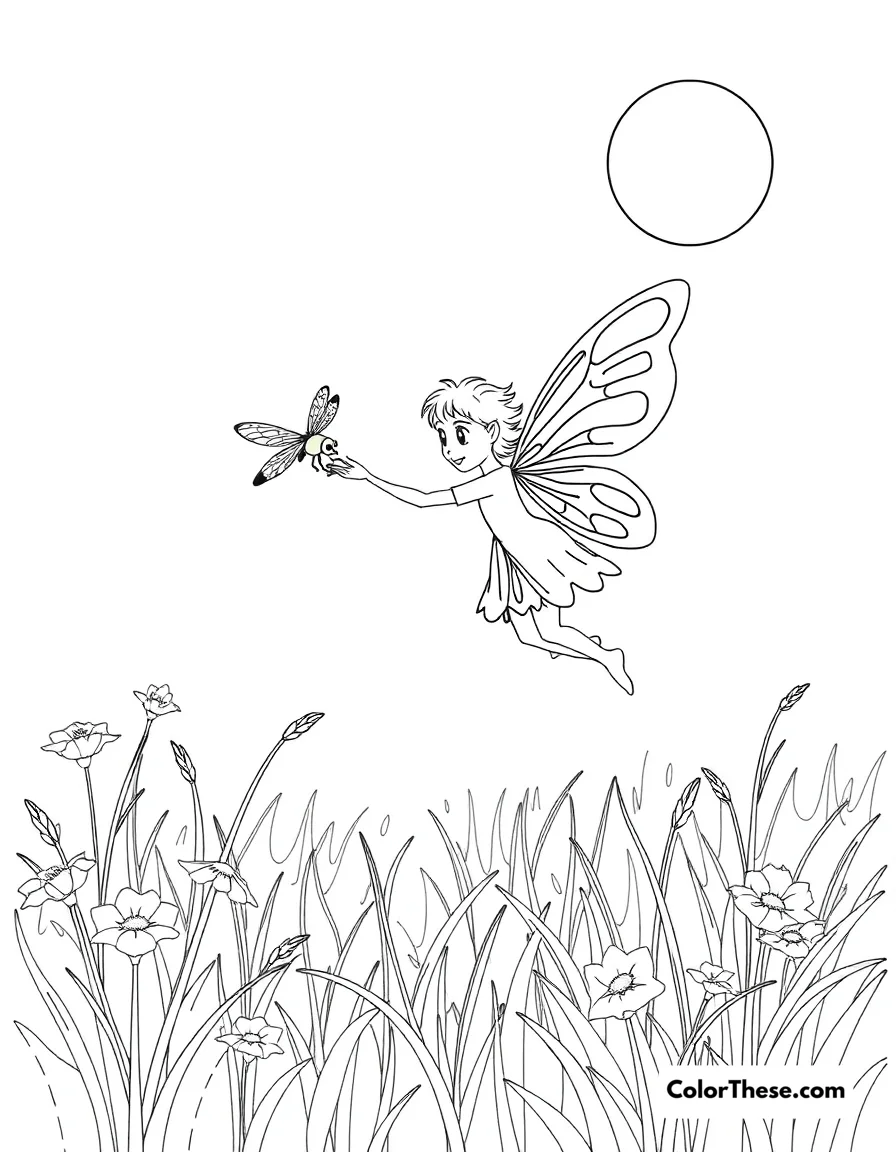 Free printable fairy and the dragonfly coloring page. A fairy flying with a dragonfly in a sunny meadow.