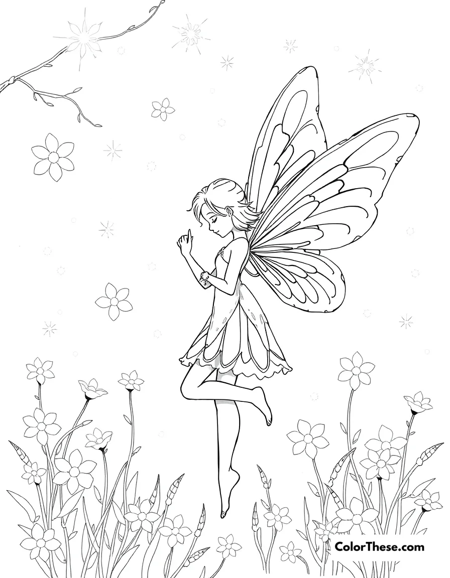 Free printable fairy and the fireflies coloring page for kids and adults. A fairy surrounded by glowing fireflies at night.