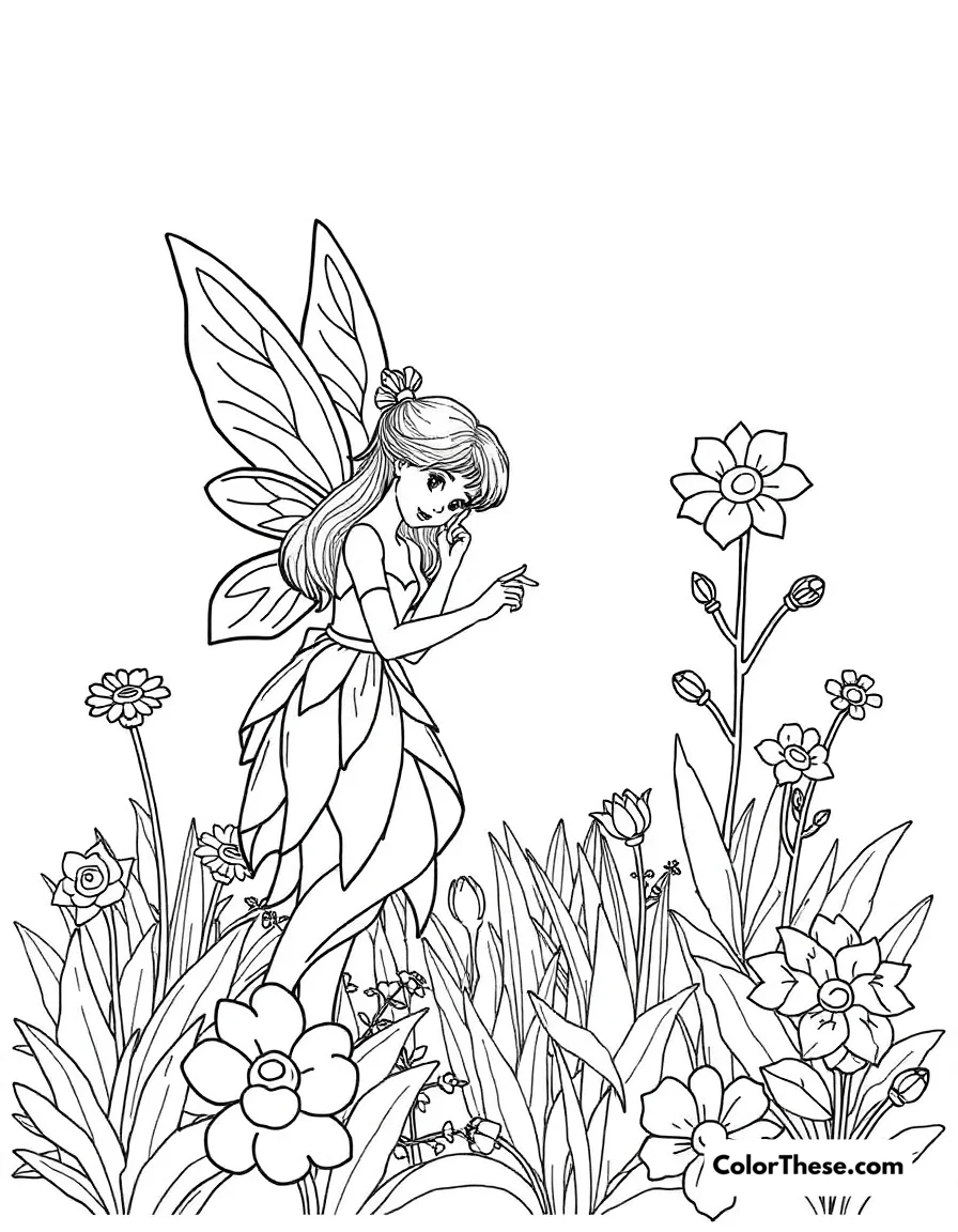 Free printable fairy in the garden coloring page for kids and adults. A fairy tending to a magical garden.