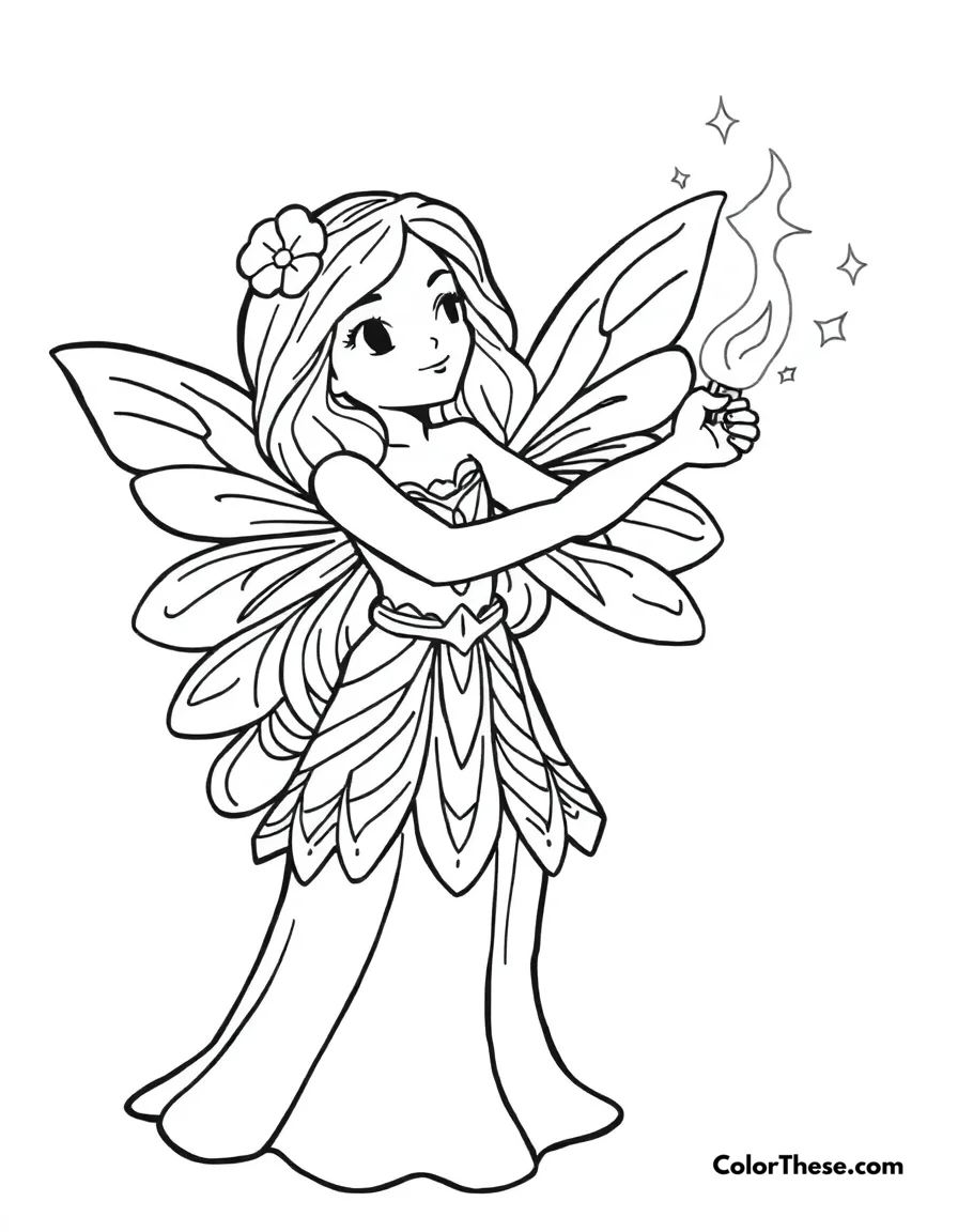 Free printable fairy with a magic wand coloring page. A fairy casting a spell with her magic wand.