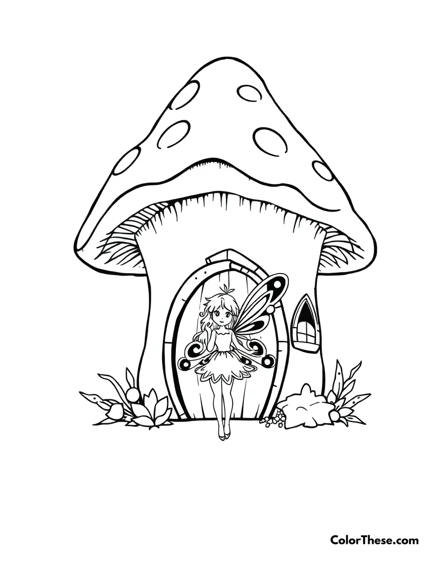 Free printable fairy and the mushroom house coloring page for kids and adults. A fairy standing in front of her mushroom house.