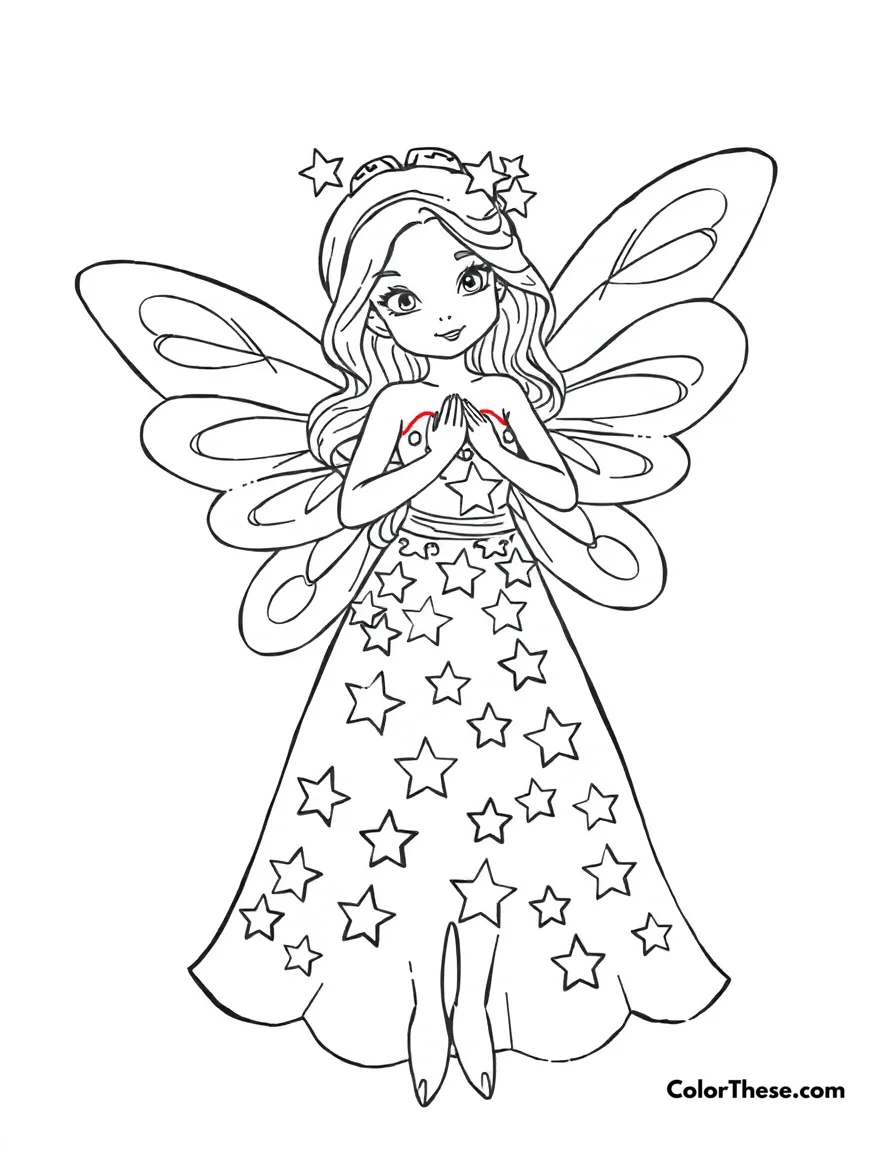 Free printable fairy with a starry dress coloring page for kids and adults. A fairy wearing a dress adorned with stars.