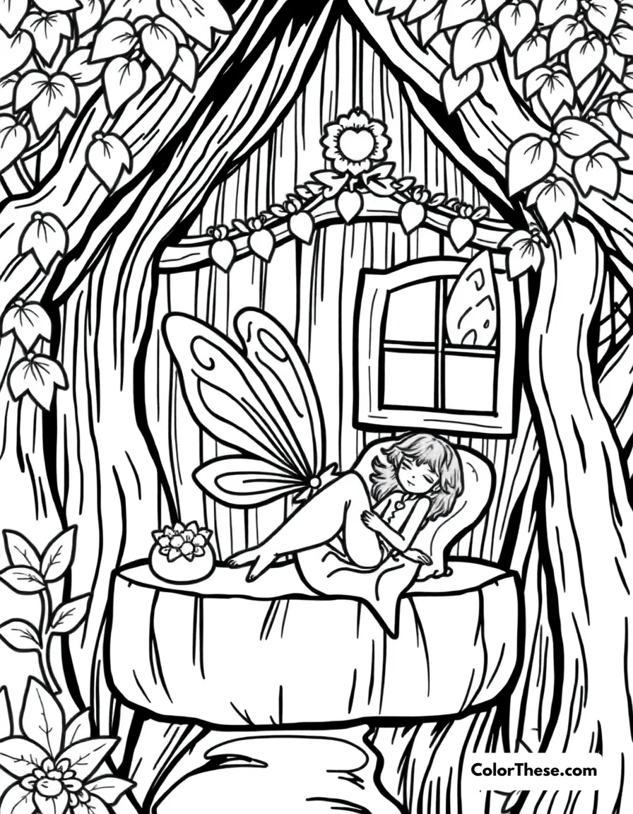 Free printable fairy in a treehouse coloring page for kids and adults. A fairy relaxing in her cozy treehouse.