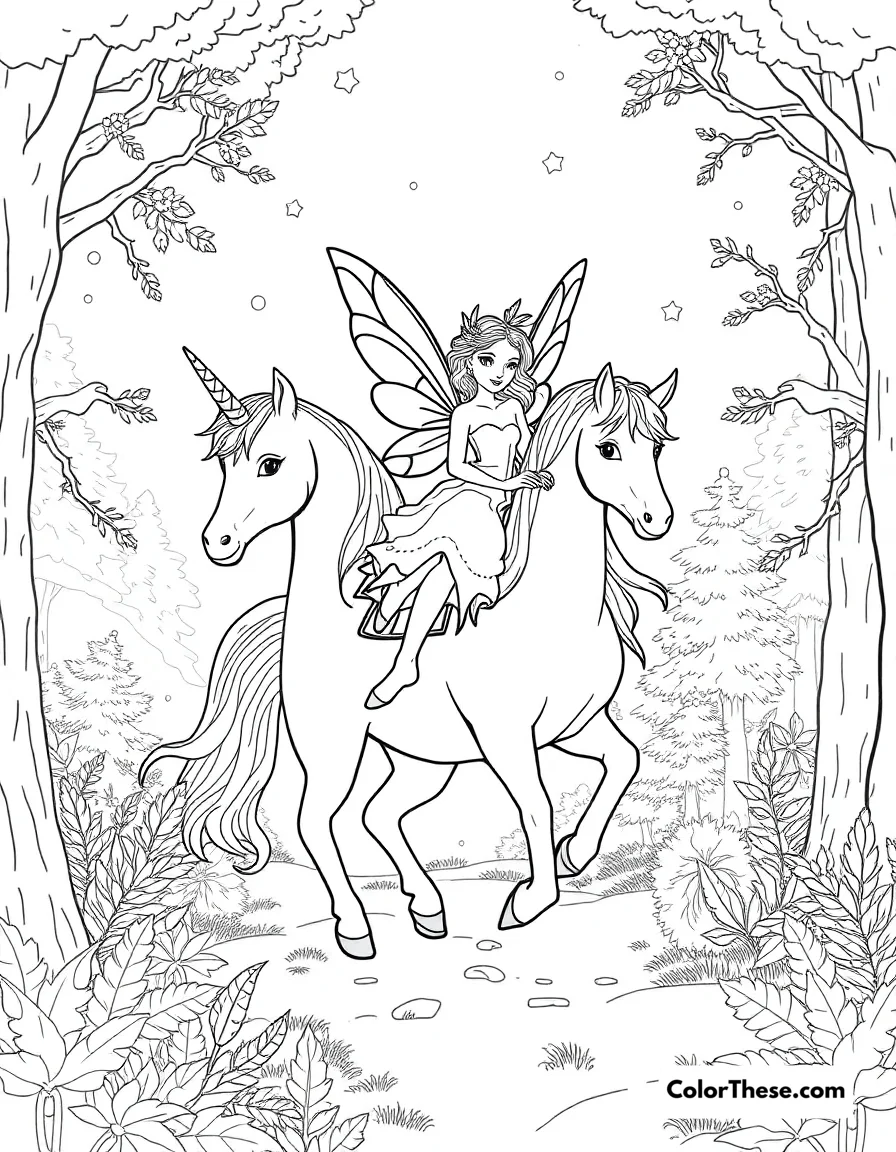 Free printable fairy and the unicorn coloring page. A fairy riding a unicorn through a magical forest.