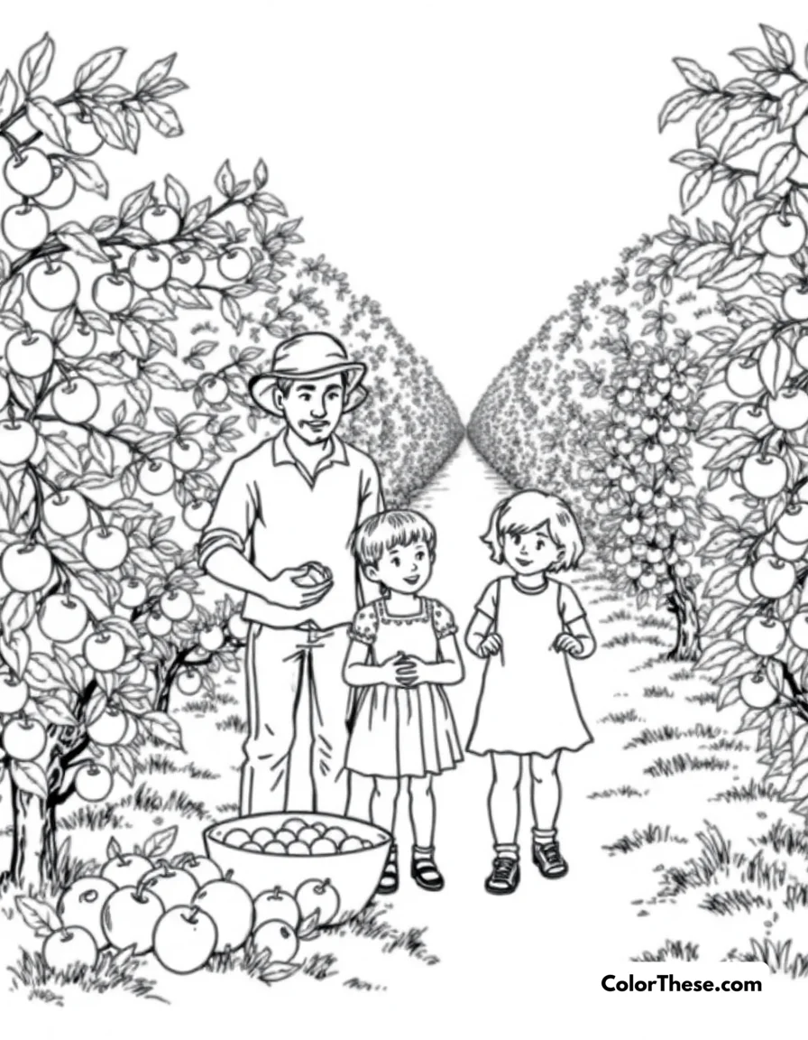 Free printable apple picking day coloring page for kids and adults. A family picking apples in an orchard.