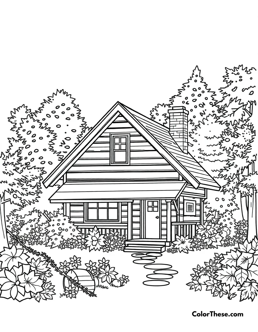 Free printable cozy fall cabin coloring page for kids and adults. A cozy cabin surrounded by fall foliage.