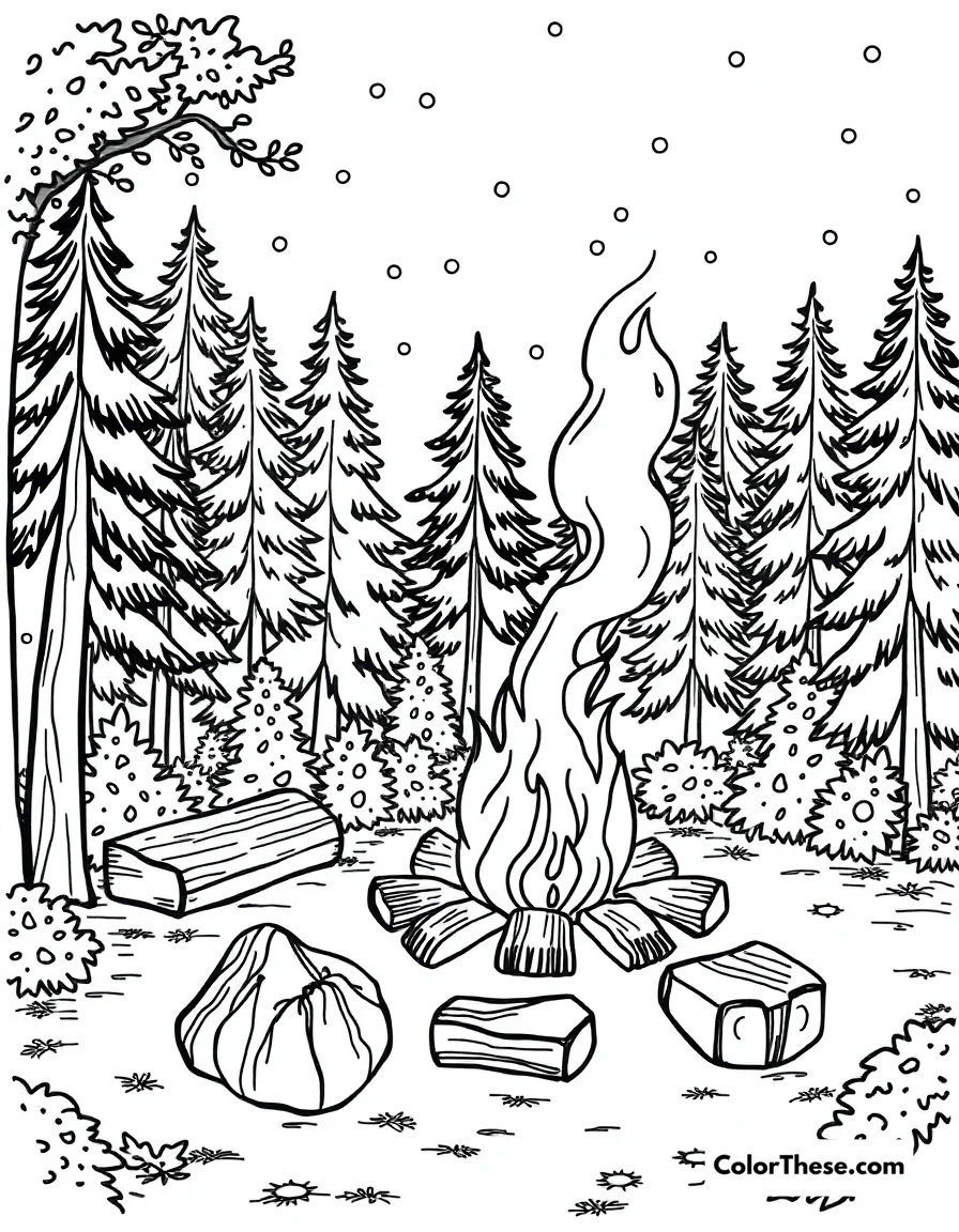 Free printable fall campfire coloring page for kids and adults. A cozy campfire surrounded by fall trees.