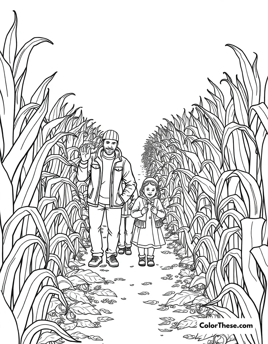 Free printable fall corn maze coloring page for kids and adults. A family navigating a corn maze in the fall.