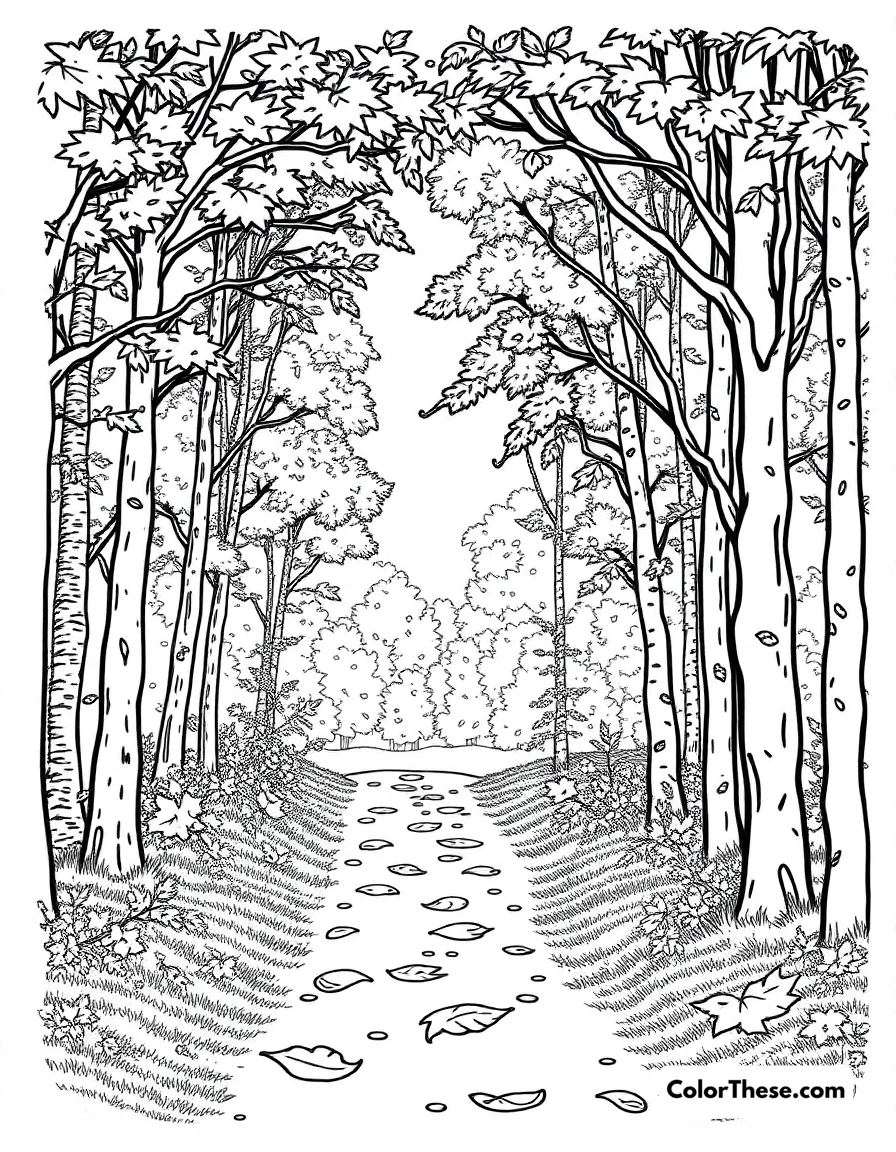 Free printable fall forest walk coloring page for kids and adults. A peaceful walk through a forest filled with fall colors.