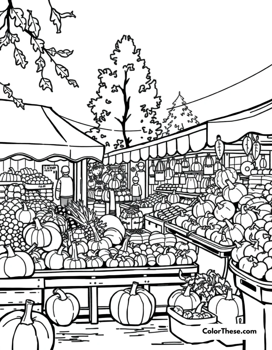 Free printable fall harvest market coloring page for kids and adults. A bustling market filled with fall produce.