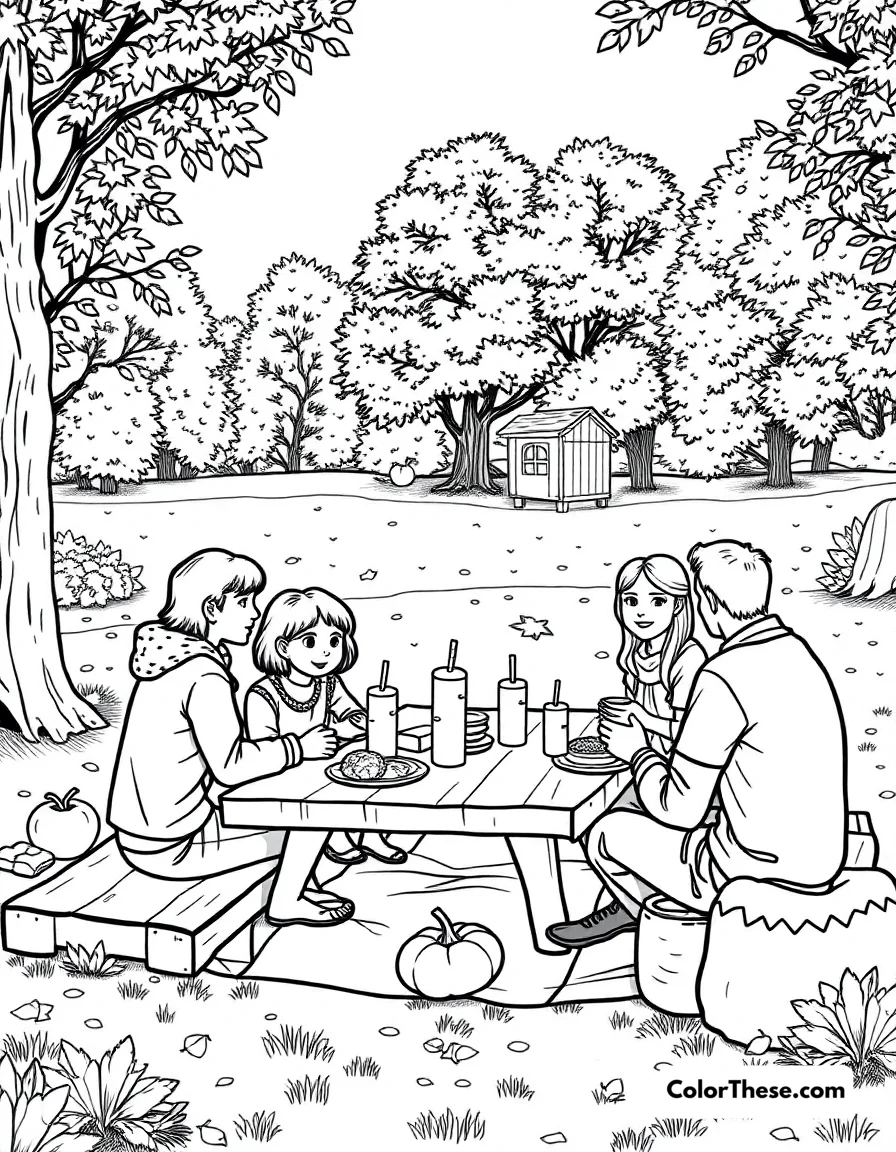 Free printable fall picnic coloring page for kids and adults. A family enjoying a picnic in a fall park.