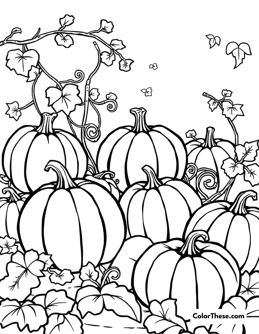 Free printable pumpkin patch fun coloring page for kids and adults. A cheerful pumpkin patch with ripe pumpkins and vines.