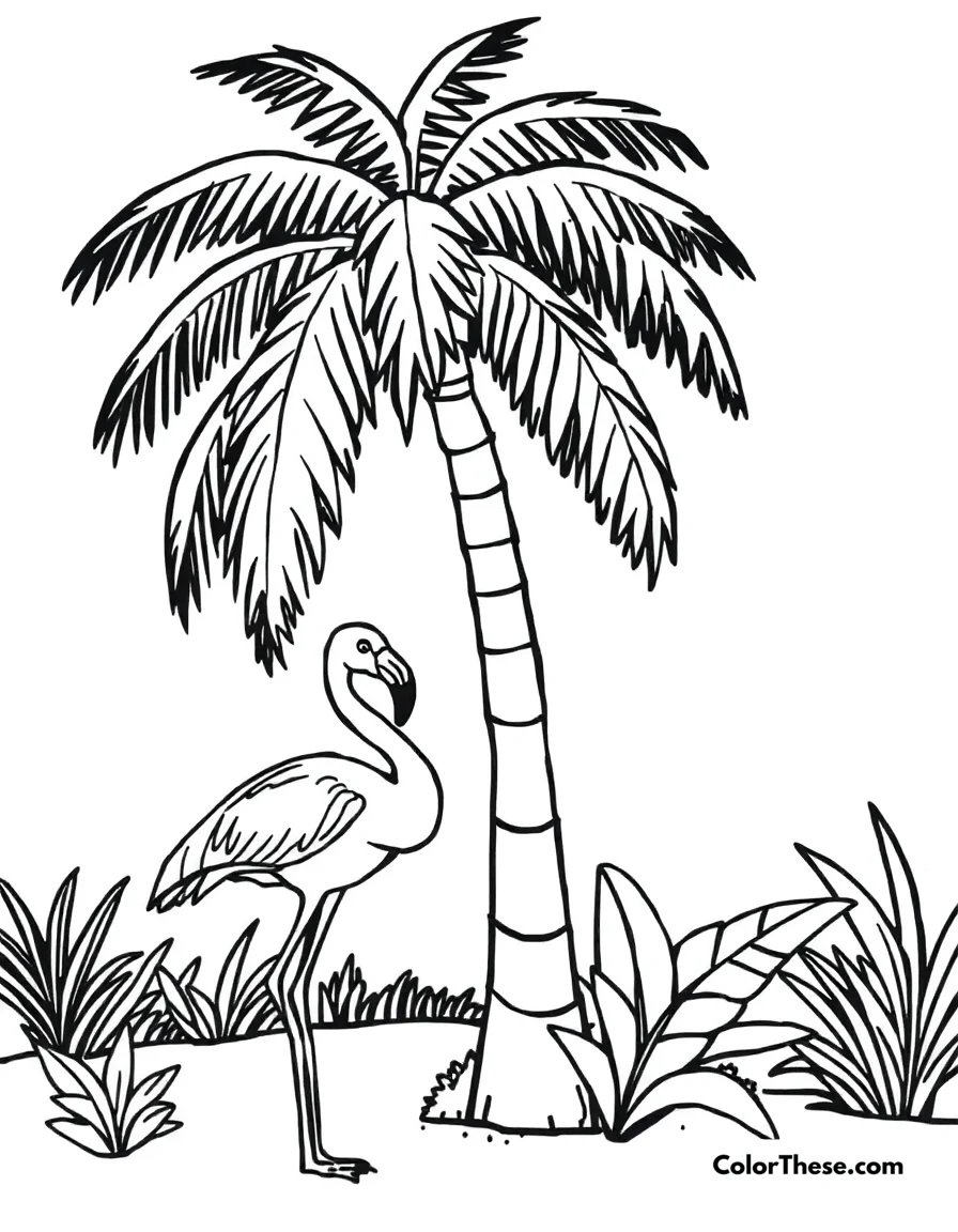 Free printable flamingo with a palm tree coloring page for kids and adults. A flamingo standing near a tall palm tree.