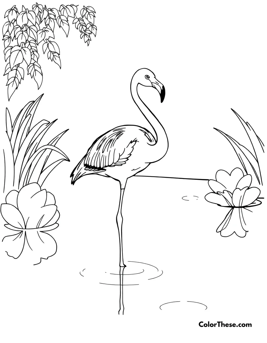 Free printable flamingo in a pond coloring page for kids and adults. A flamingo standing in a serene pond.