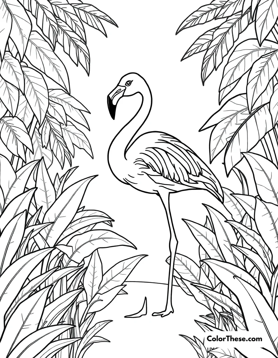 Free printable flamingo in a rainforest coloring page for kids and adults. A flamingo standing in a lush rainforest.
