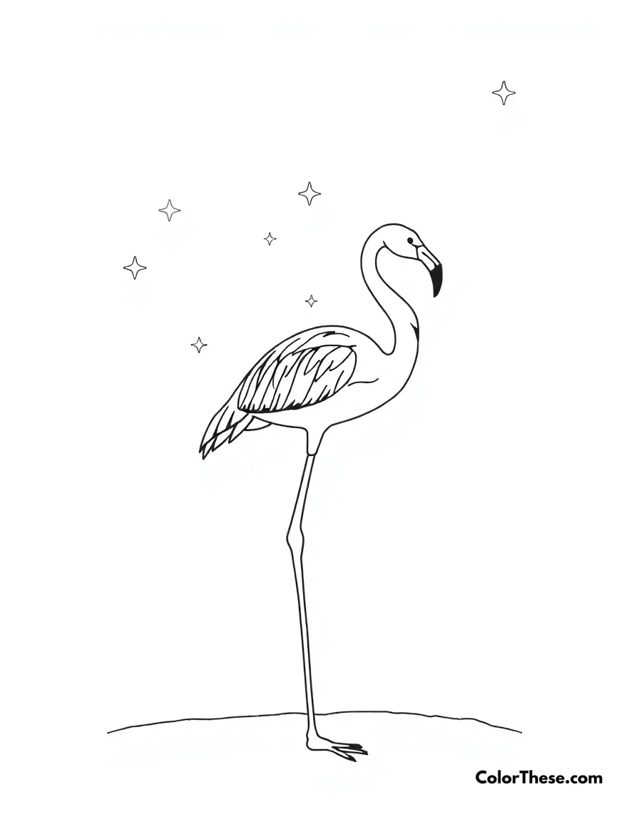 Free printable flamingo with a starry sky coloring page for kids and adults. A flamingo standing under a starry night sky.
