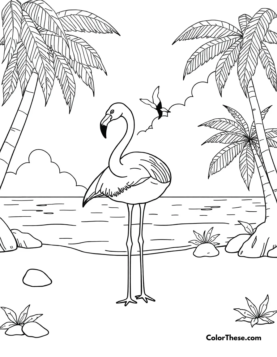 Free printable flamingo with a tropical beach coloring page for kids and adults. A flamingo standing on a sandy tropical beach.